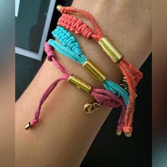 Michael Kors 3 ADJUSTABLE Macrame PINK ORANGE TURQUOISE Pave Fireball Bracelets - Picture 4 of 10